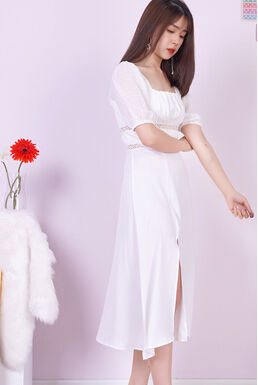 Fine Chiffon Sleeve Hollow Waist Lace Trim Midi Dress (White)